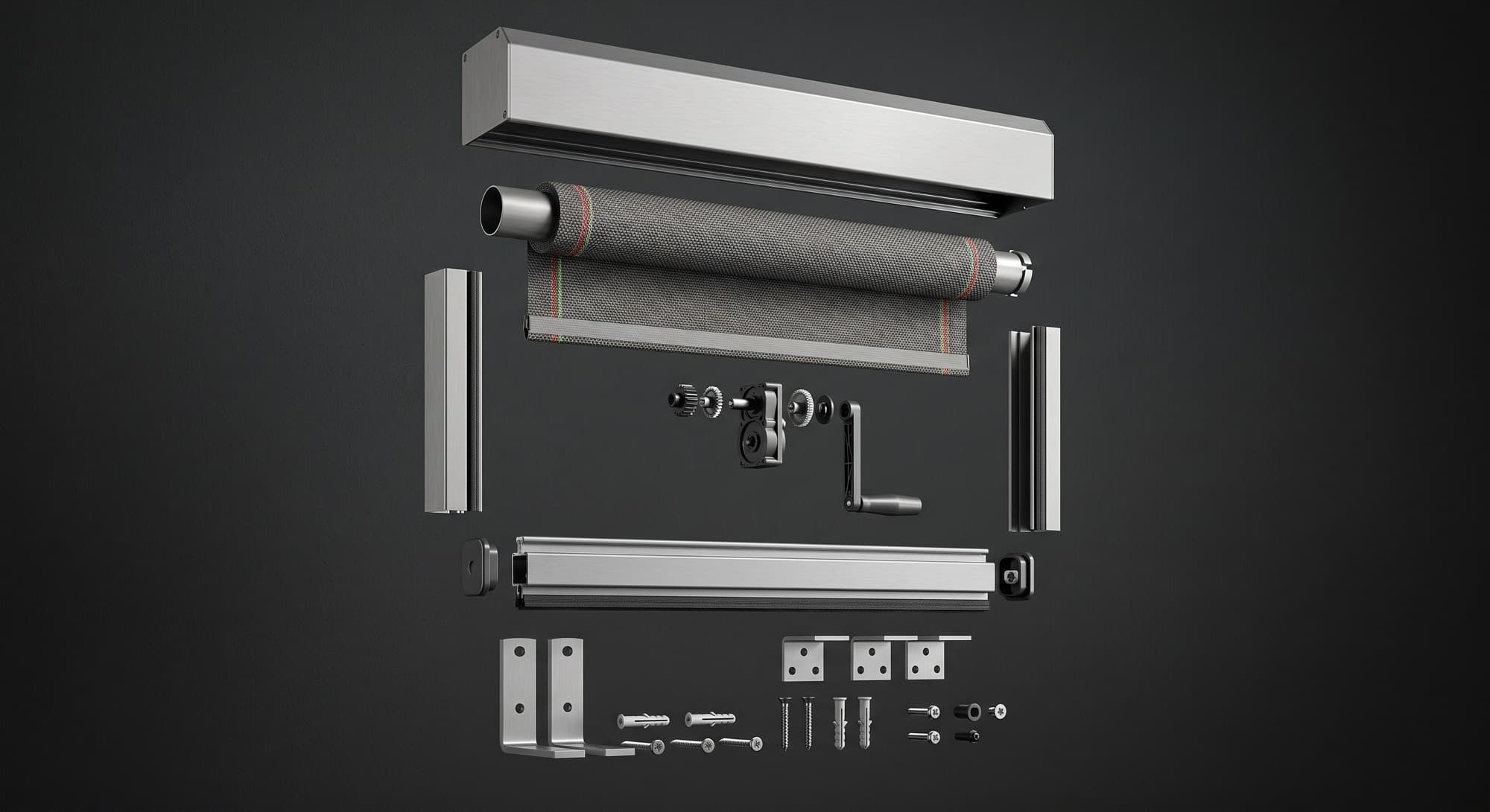 Illustrative exploded diagram of an outdoor blind's components: aluminum headrail, rolled fabric, geared crank mechanism, bottom rail, side channels and mounting hardware