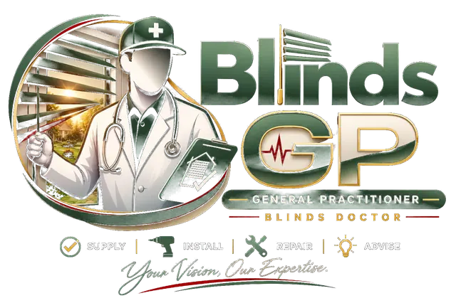 The Blinds GP logo: a blinds doctor in a white coat holding a venetian blind open, with the words General Practitioner, Blinds Doctor, and Supply, Install, Repair, Advise